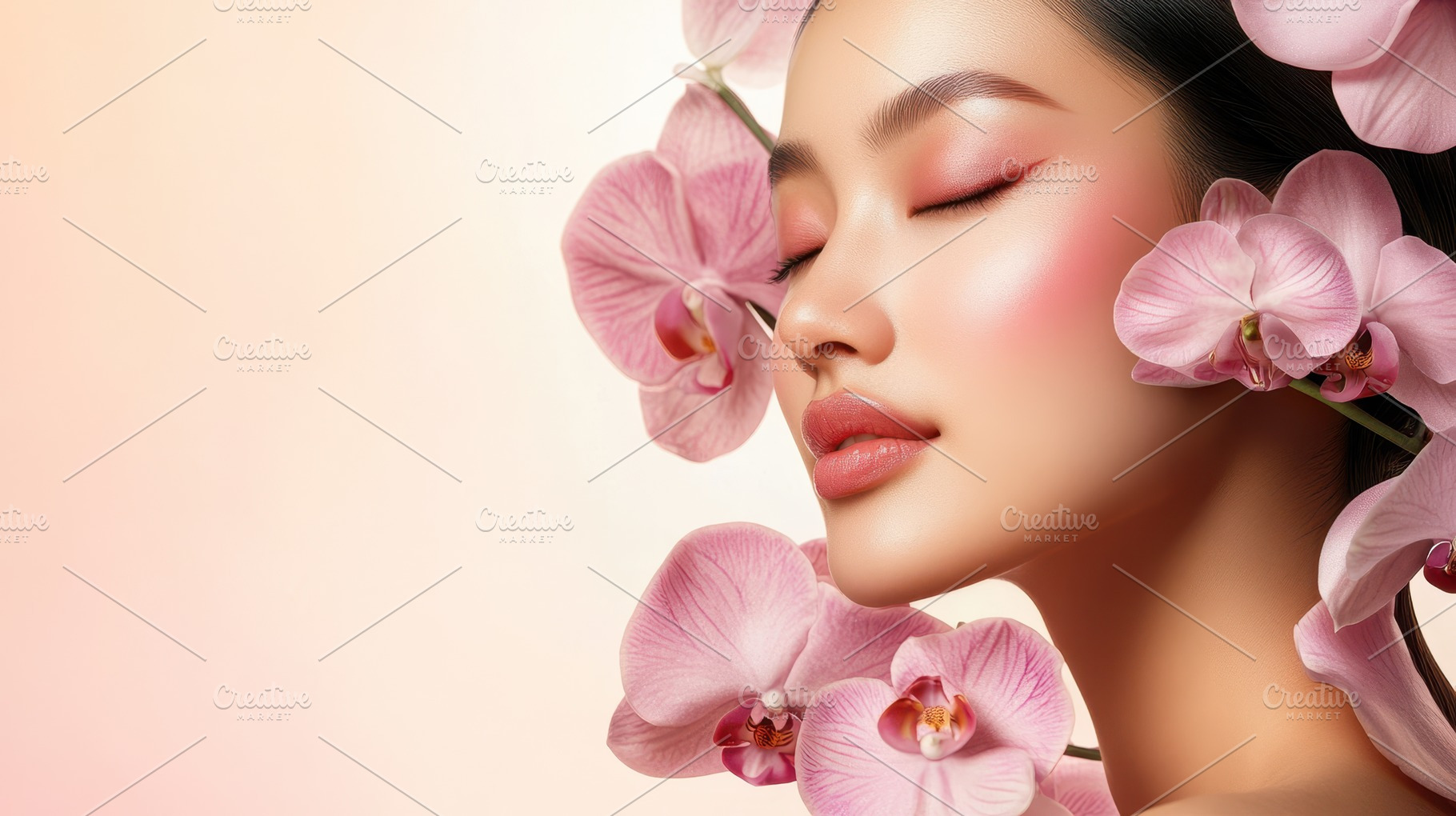 A side profile of a young Asian woman with sleek black hair adorned with orchid, a Person Photo by Mashimara