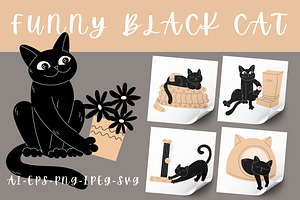 Funny Black Cat Character Collection, an Animal Illustration by YuskinKot