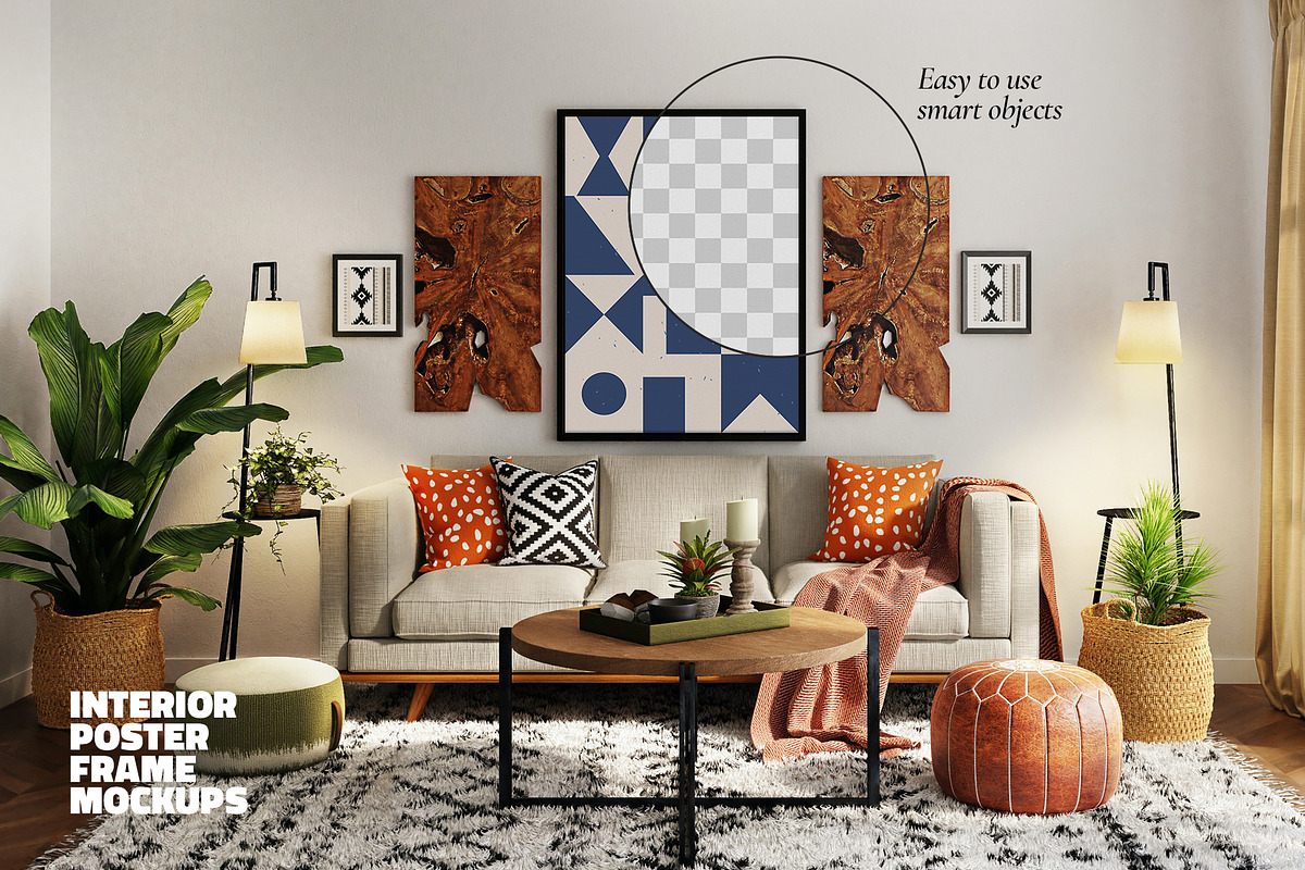 4 Poster Mockup Set in Modern Interior