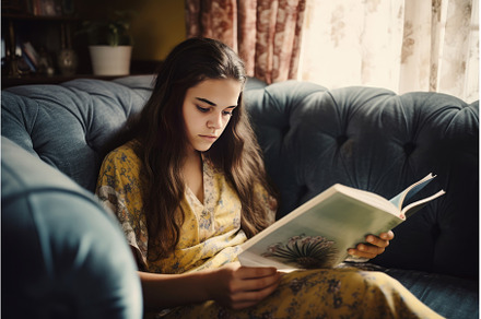 Beautiful young girl reading a book, a School & Education Photo by Ylivdesign