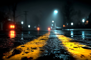 Crime scene night street with wet asphalt and glowing yellow center line reflec, a Photo by AS photostudio