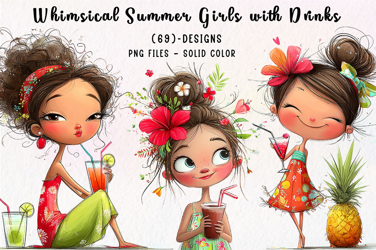 Whimsical Summer Girls with Drinks, an Illustration by CreationArt (Photo 1 of 7)