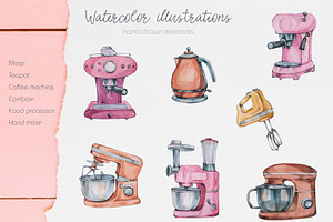 Watercolor set with kitchen clipart