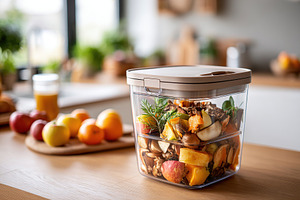 Compost bin filled with kitchen scraps placed on a modern kitchen countertop, a Food & Drink Photo by AlyaAnd