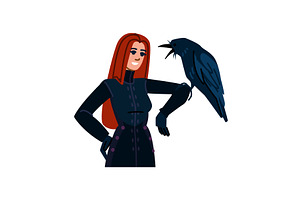 Smiling witch holding talking raven, an Animal Illustration by pikepicture
