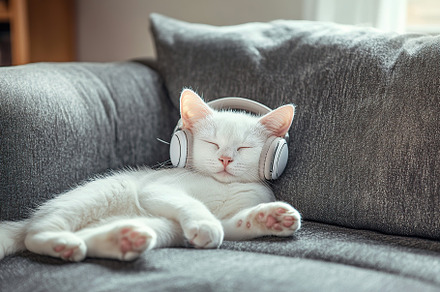 White cat relaxing on grey sofa with headphones enjoying a peaceful moment at h, an Animal Photo by AlyaAnd