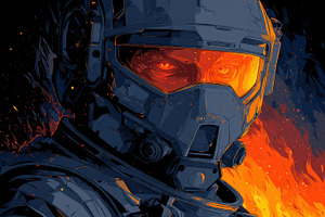 Dark-armored soldier by fire, a Photo by Beautiful things