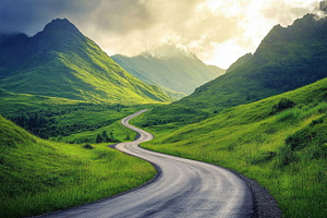 Winding road through lush green moun, a Photo by Iftikhar Alam