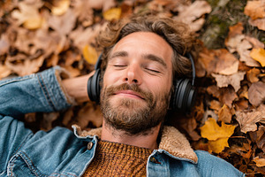 Relaxing among autumn leaves with music and nature's tranquility, a Person Photo by AlyaAnd