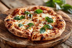 Margherita pizza topped with fresh basil leaves on a rustic wooden table, a Food & Drink Photo by AlyaAnd