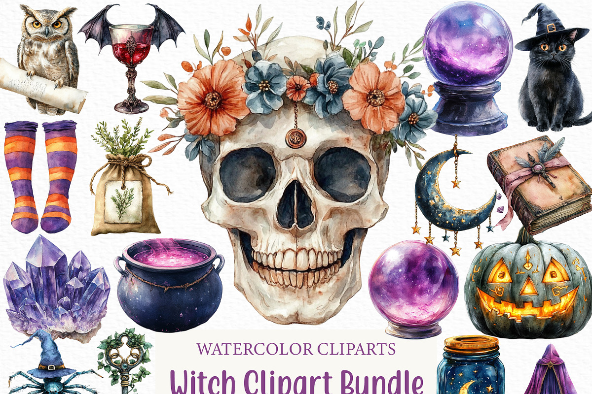 Watercolor Witch Clipart Bundle, an Illustration by Craft Nest (Photo 1 of 6)