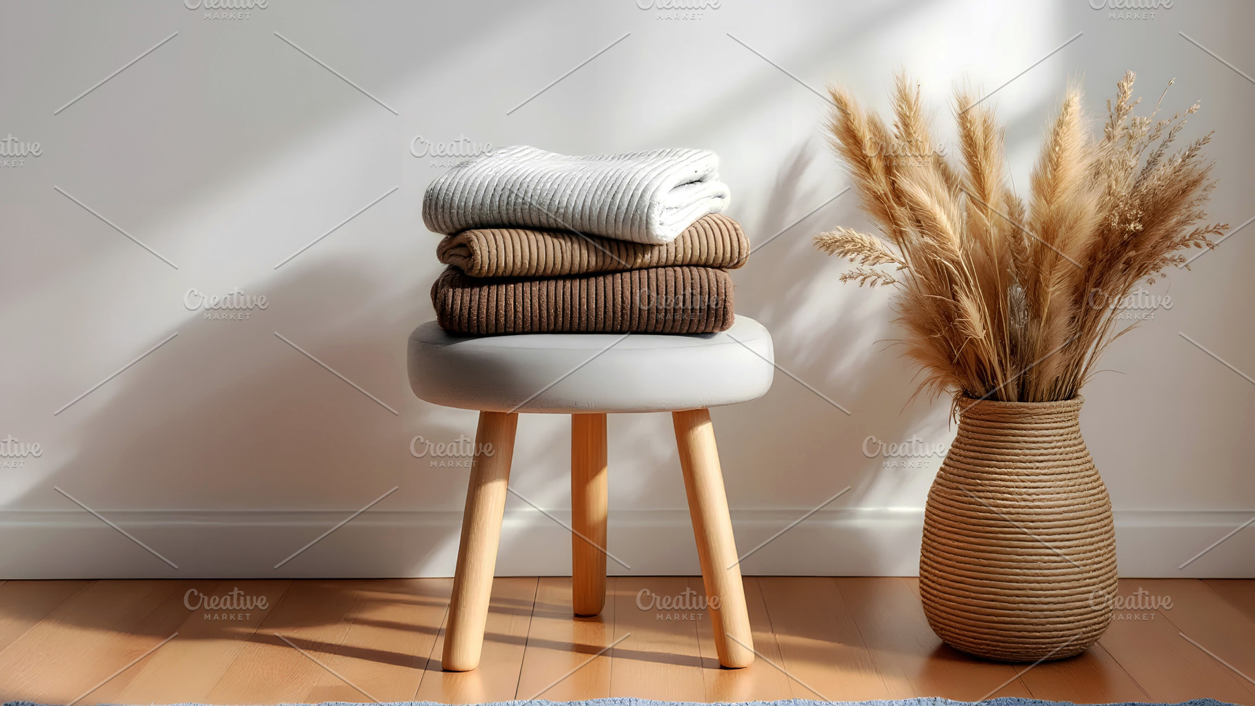 Stacked Sweaters on Stool with Pampa, an Architecture Photo by Stock Shape