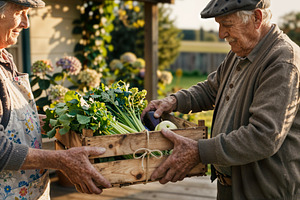 Seniors Holding Crate of vegetables, a Photo by rarrarorro