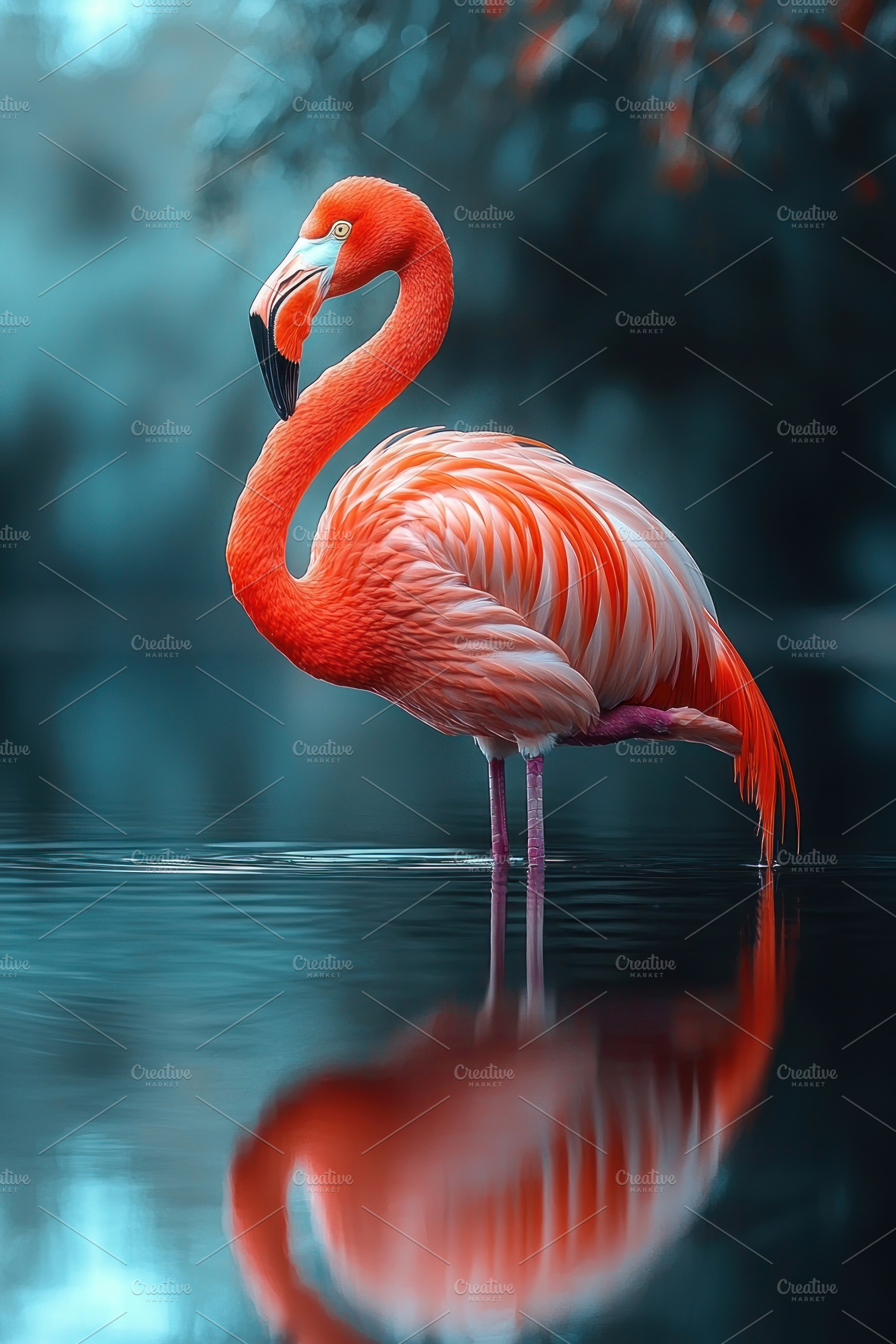 Flamingo standing on one leg in calm water with vibrant plumage, an Animal Photo by José Manuel Gelpi