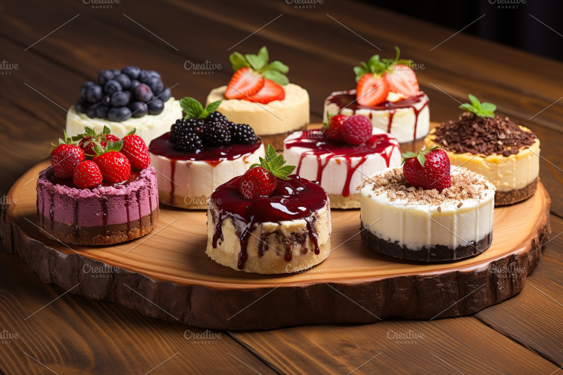Different pieces of cheesecake with fresh berries on wooden table, a Food & Drink Photo by AlyaAnd