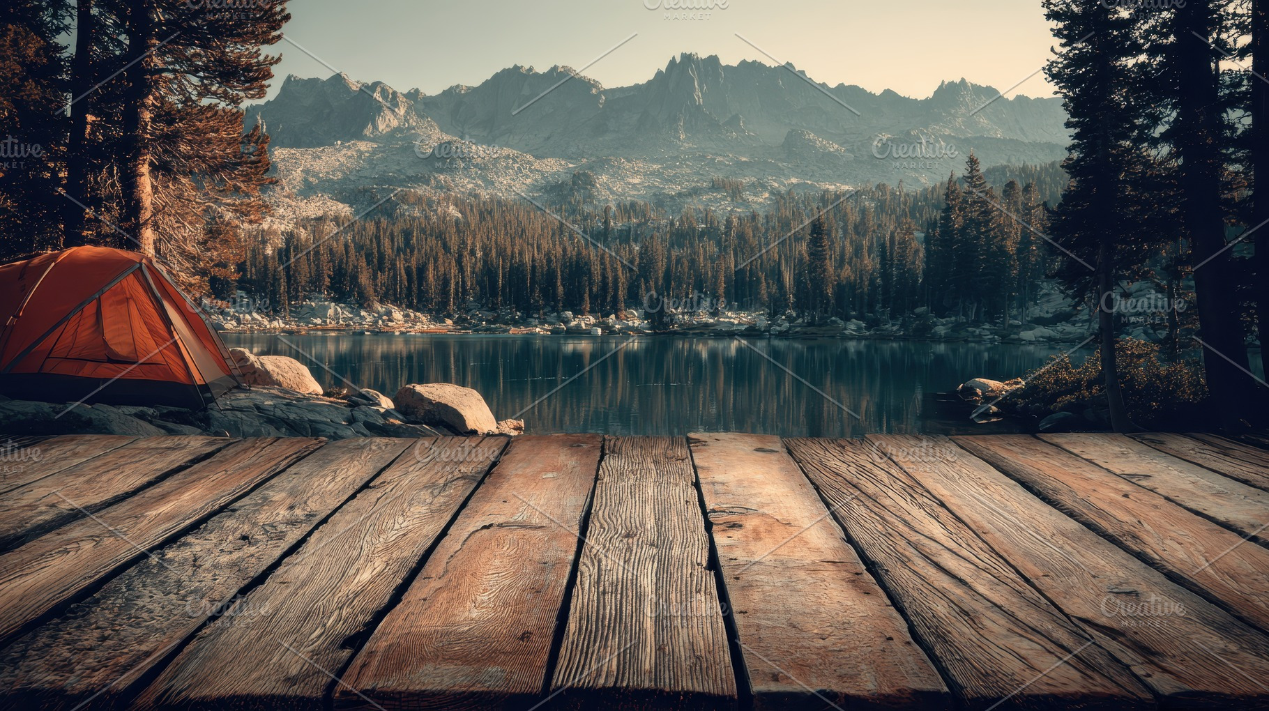 Campsite is set up near a calm lake, a Photo by Pavel_design