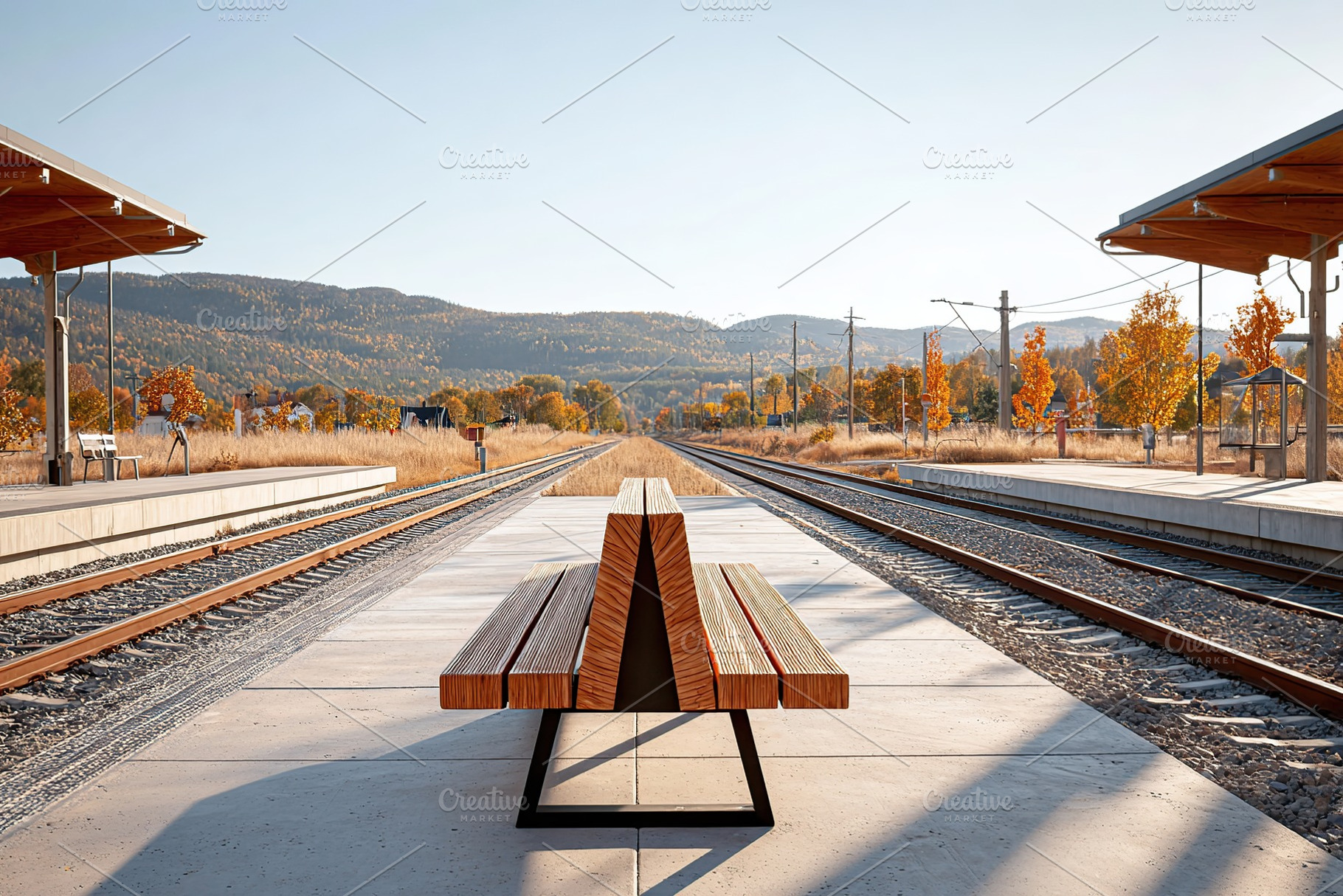 Double-track railway station with a view of autumn landscape in Scandinavia, a Photo by AlyaAnd