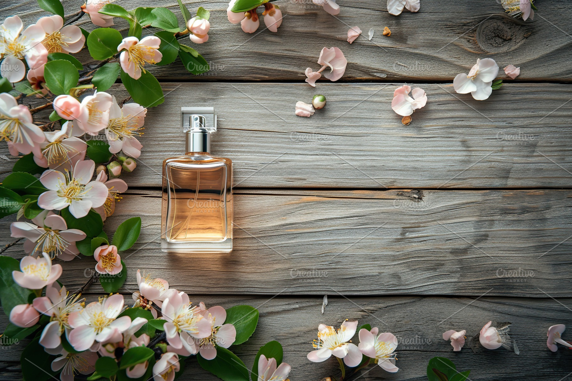 Perfume bottle with fresh flowers on wooden background, a Beauty & Fashion Photo by AlyaAnd