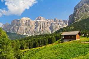 Dolomiti  high fassa valley stock photo containing alpine and chalet