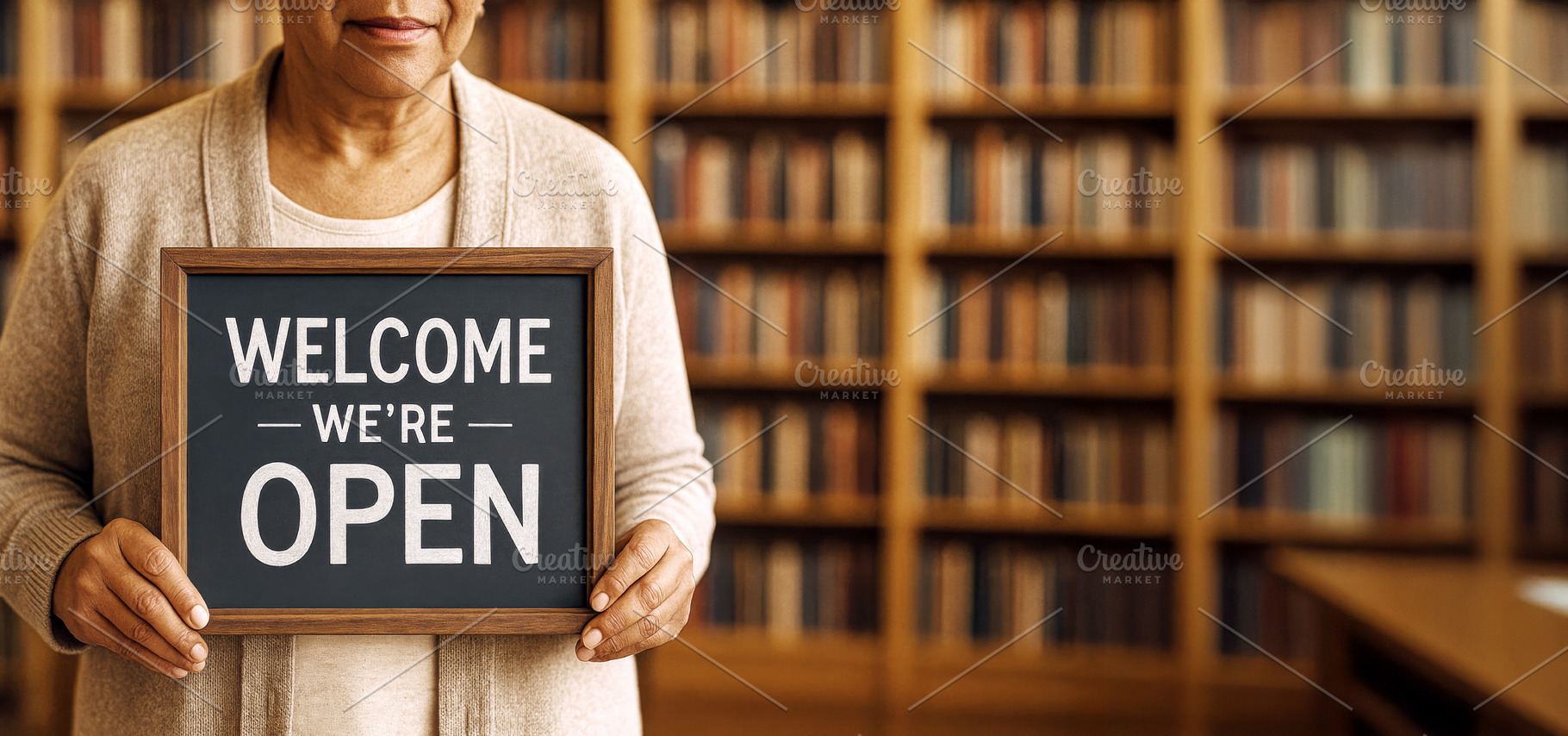 Middle-aged woman holding welcome we, a Photo by Dvoevnore photos