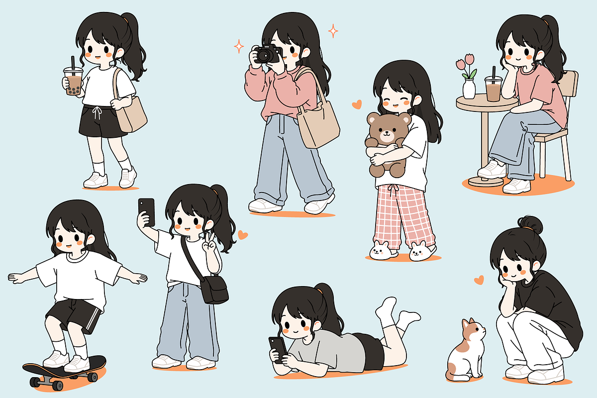 Girl Daily Activities Set Cartoon 2, a Person Illustration by Artpon Illustration (Photo 3 of 3)