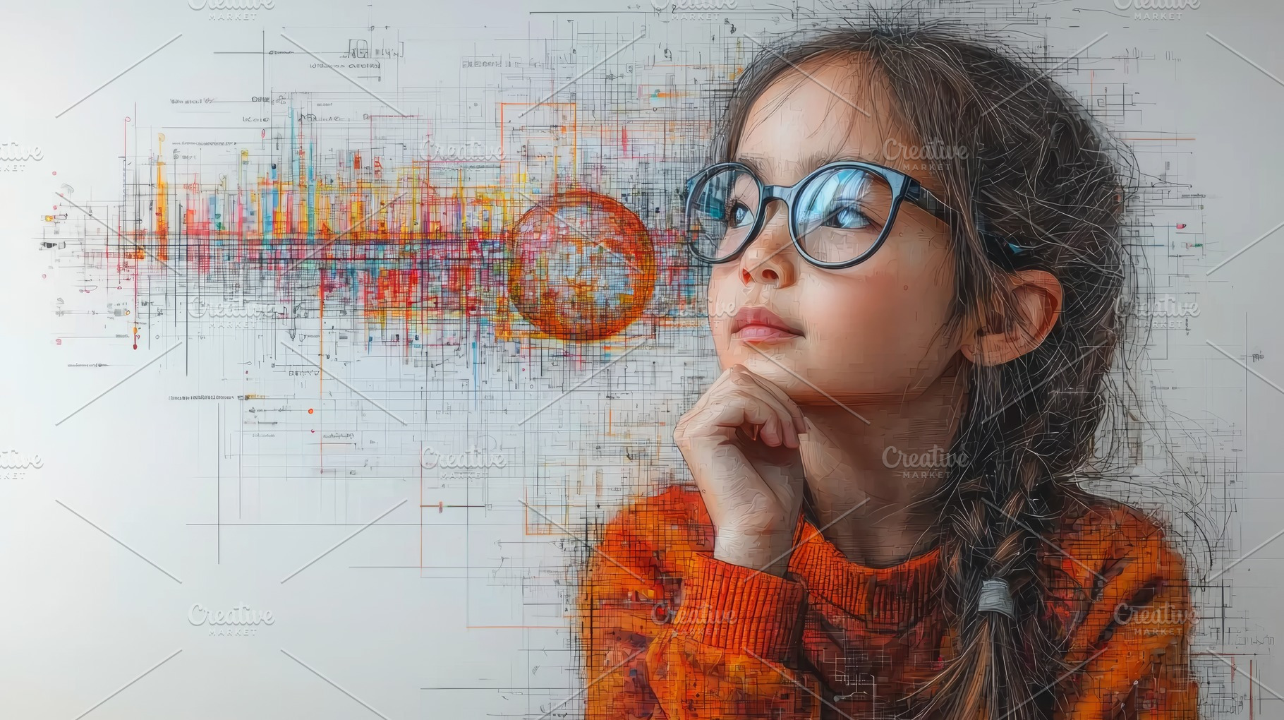 Young girl pondering with science-inspired digital art background representatio, a Photo by AS photostudio