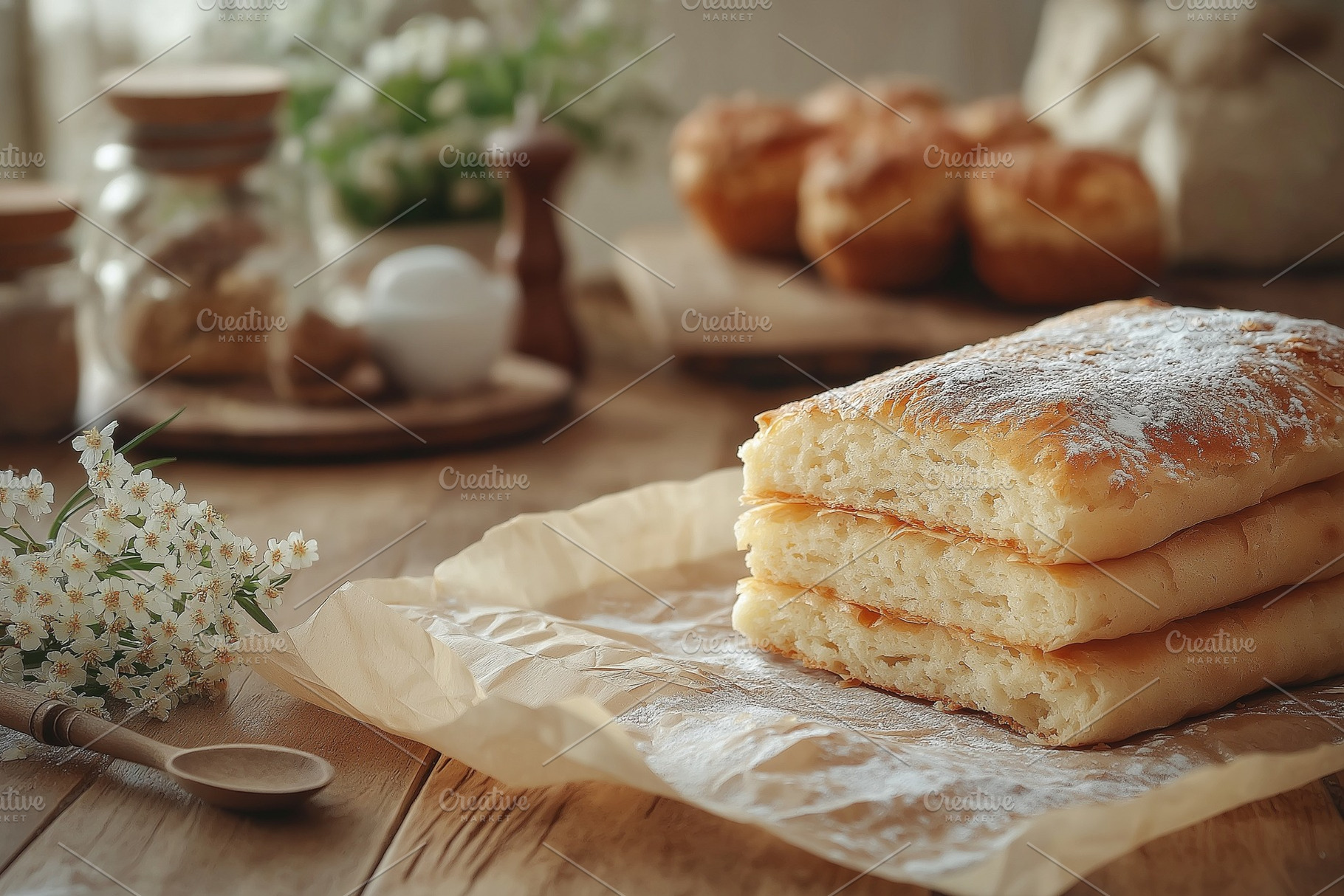 Freshly baked bread stacked on parchment paper, surrounded by soft lighting and, a Background Photo by ImageMir