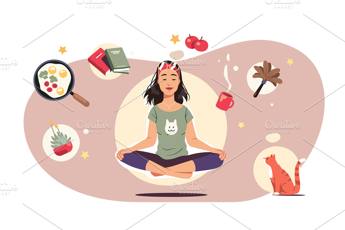 Relaxed housewife meditating, a Food Illustration by Iconicbestiary