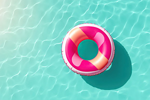 Bright inflatable ring floating in clear swimming pool water on sunny day, a Photo by AlyaAnd