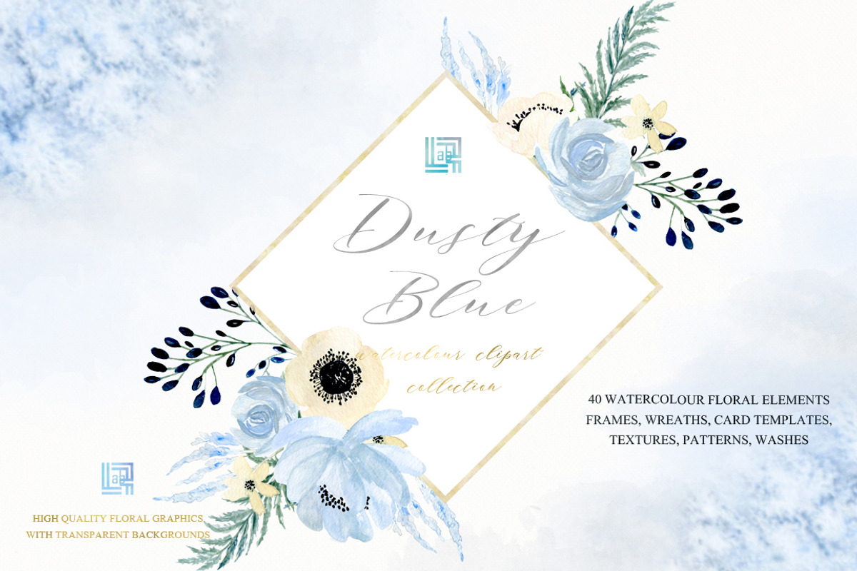 Dusty blue gold. Watercolor flowers, a Texture Illustration by LABFcreations (Photo 1 of 12)