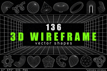 136 3D Wireframe vector shapes