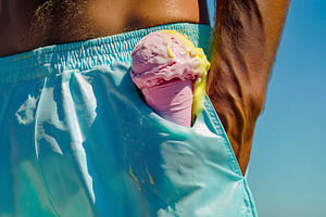 ice cream in swim trunks pocket, generative AI, a Photo by Nito