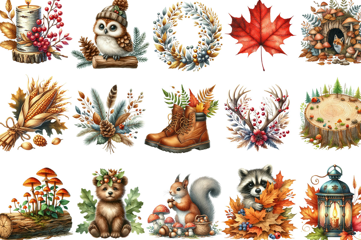 Watercolor Fall Woodland Clipart Bun, an Illustration by Designking (Photo 3 of 4)