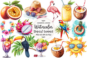 Watercolor Tropical Summer Clipart, an Illustration by OK Design