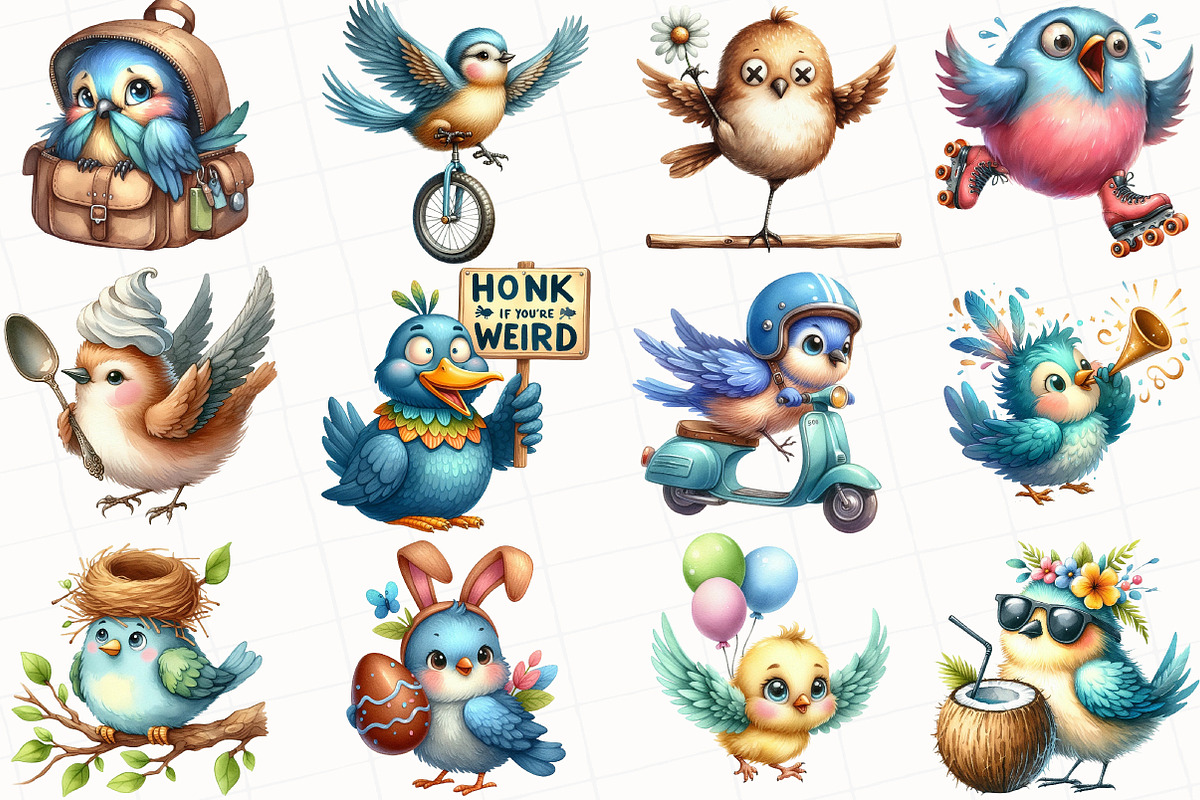 Watercolor Funny Birds Clipart, an Illustration by OK Design (Photo 3 of 5)