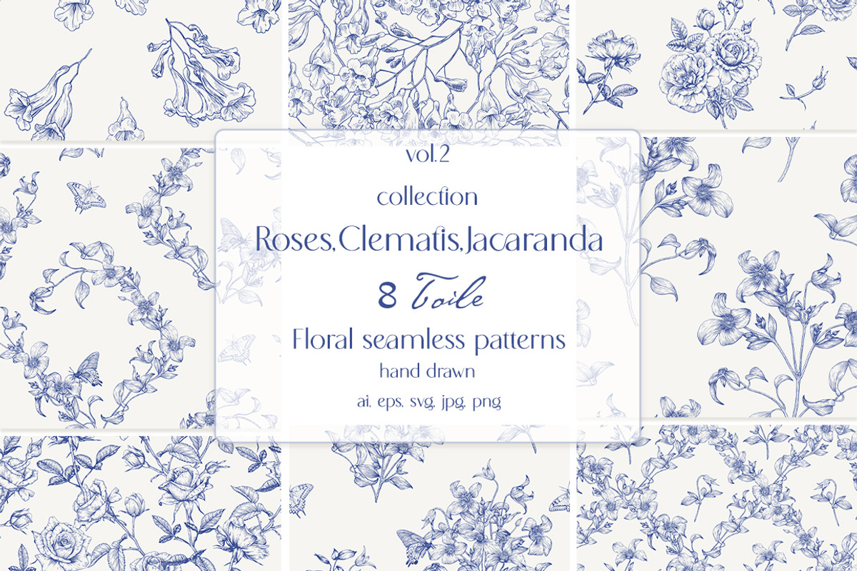 Vintage Seamless Patterns Toile Blue, a Pattern Graphic by ON_lineart_store (Photo 1 of 10)
