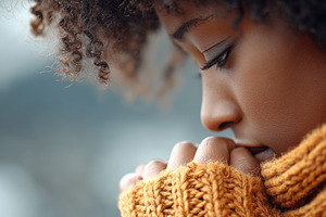 Young black woman in a cozy orange s, a Health & Medical Photo by MistyDay