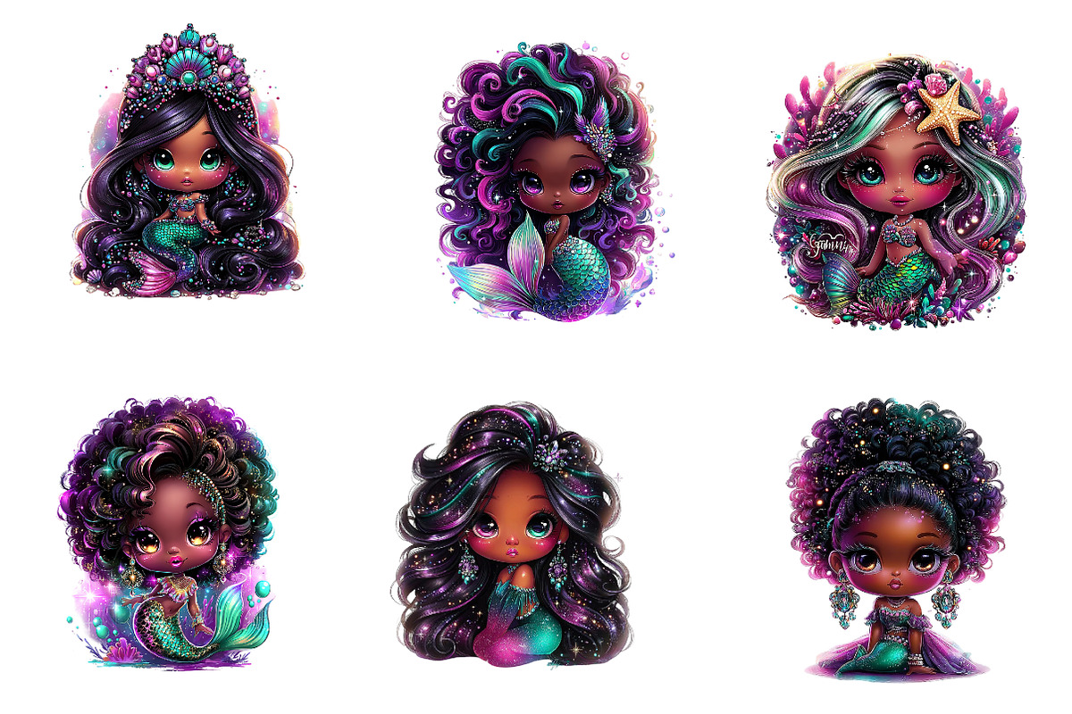 Whimsical Cute Black Mermaid Clipart, an Illustration by CreationArt (Photo 3 of 7)