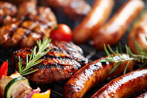 Close up of sizzling sausages, grill, a Food & Drink Photo by MistyDay