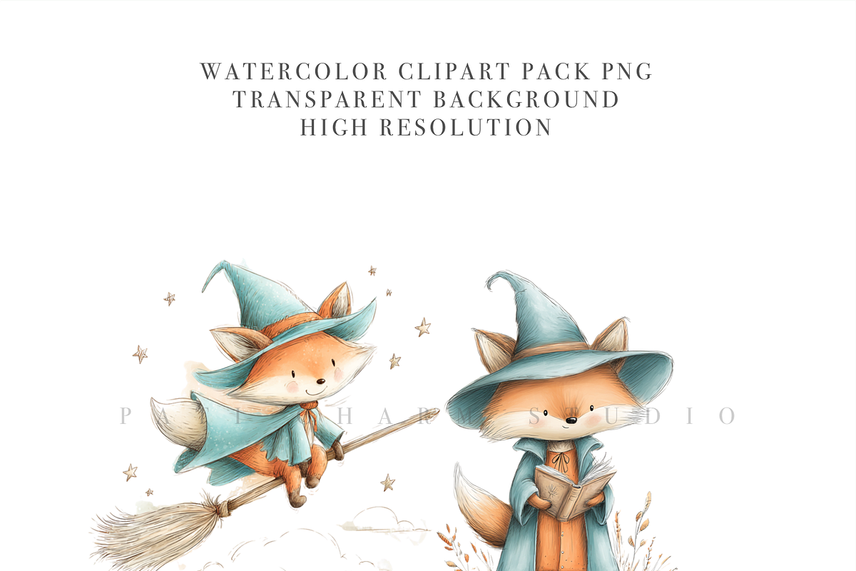 30 Watercolor Fox Witch Clipart PNGs, an Animal Illustration by Pati Charm Studio (Photo 5 of 8)
