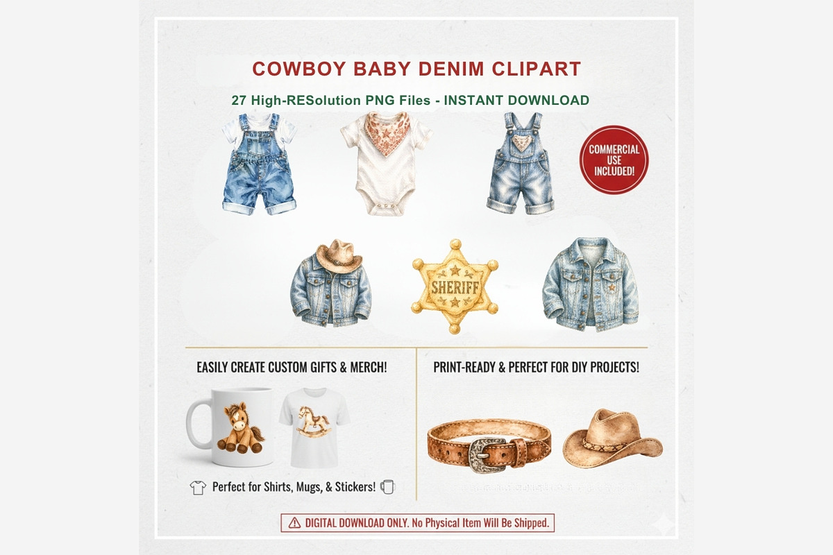 Cowboy Baby Denim Clipart Bundle, a Seasonal Illustration by Tanya Kart (Photo 4 of 6)