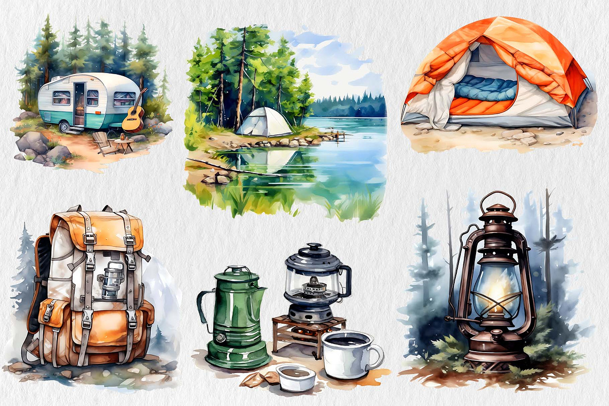 Watercolor Camping Clipart Bundle, an Illustration by Moon Studio (Photo 2 of 15)