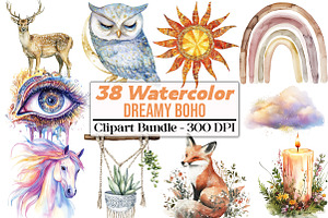 Watercolor Dreamy Boho Clipart PNG, an Illustration by DreamCafeArt