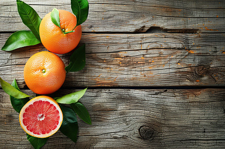 Fresh and tasty grapefruits and green leaves on wooden background, a Food & Drink Photo by AlyaAnd