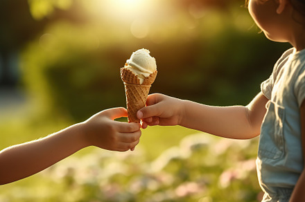 Children hands holding ice cream in waffle, outdoors. Generative AI, a Food & Drink Photo by AlyaAnd