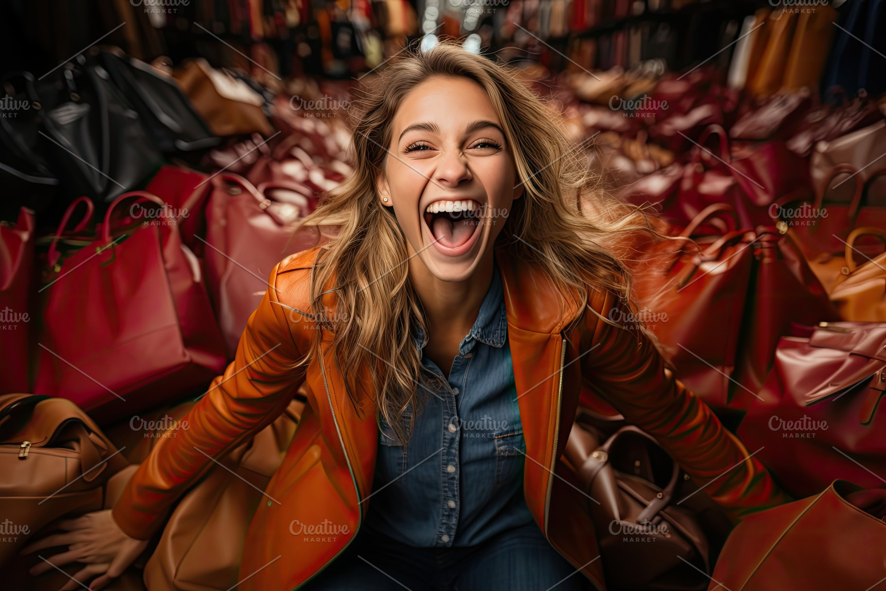 Happy girl laughing surrounded by nu, a Photo by SaroStock