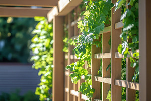 Green vines climb a wooden trellis i, a Photo by Tanuart