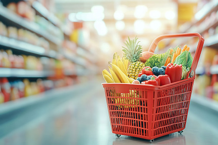 Shopping basket full of different grocery products on the floor, a Food & Drink Photo by AlyaAnd