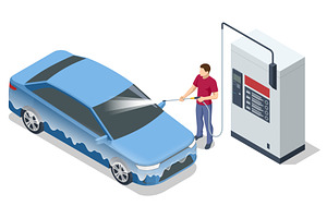 Isometric car wash station. A man is, a Transportation Illustration by Golden Sikorka