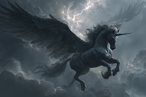 Dark winged unicorn soaring through, a Photo by Pixeness Studio